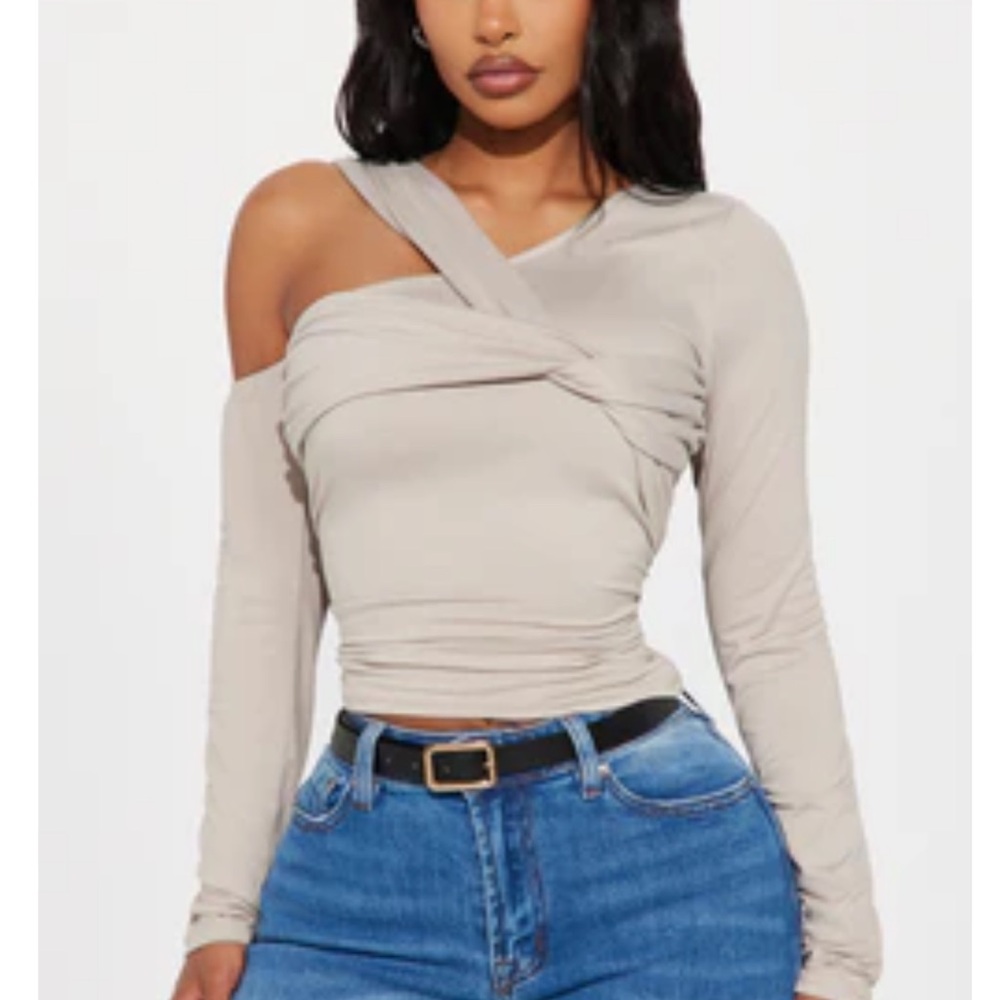 Fashion Nova Taupe Asymmetrical Long Sleeve Top